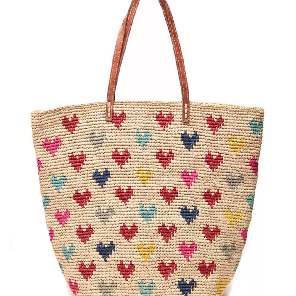 Woven Heart Pattern Tote Bag with Brown Handles